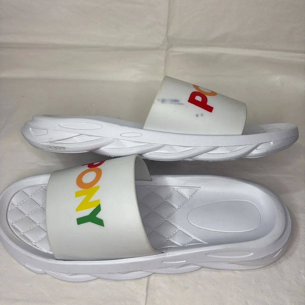 Pony Men’s Rainbow Slides White 10 Slides Slip-on Pool Basketball Beach Casual